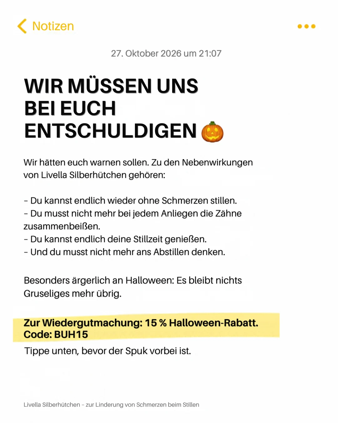 Ad-Creative: Entschuldigungs-Statement im Notizen-Look für Livella